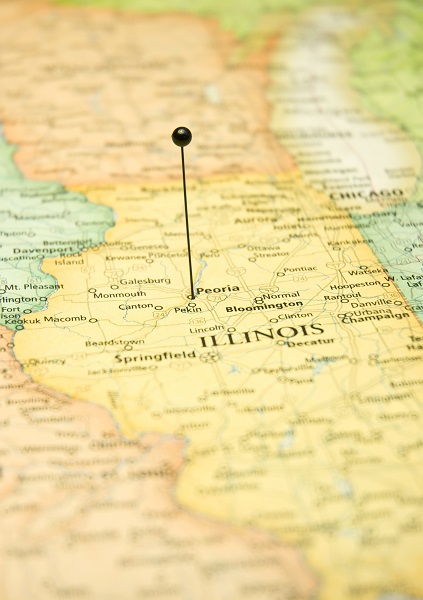 Map of Illinois with a pin marker in Peoria.